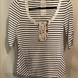 Chic Striped Black and White Top with Lace Accents